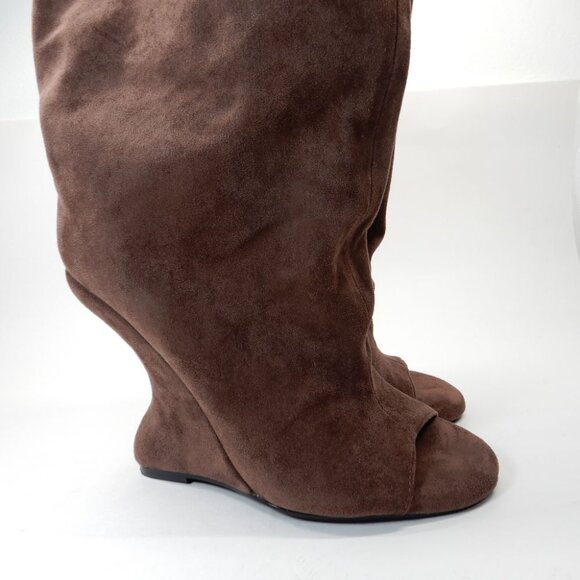 AZALEA WANG Vincent Knee High Open Toe Boots 6.5 Wedge Heel Brown Suede NEW - Picture 11 of 14